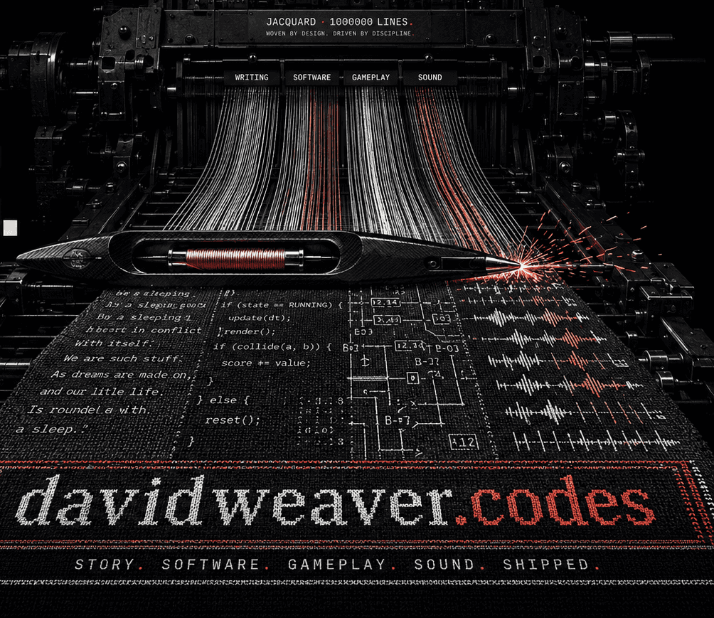A Jacquard loom weaving four threads — writing, software, gameplay, sound — into finished cloth stamped davidweaver.codes