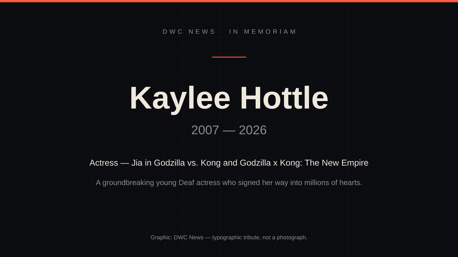 Typographic in-memoriam tribute graphic reading 'Kaylee Hottle, 2007–2026, Actress — Jia in Godzilla vs. Kong and Godzilla x Kong: The New Empire,' with the line 'a groundbreaking young Deaf actress who signed her way into millions of hearts.'
