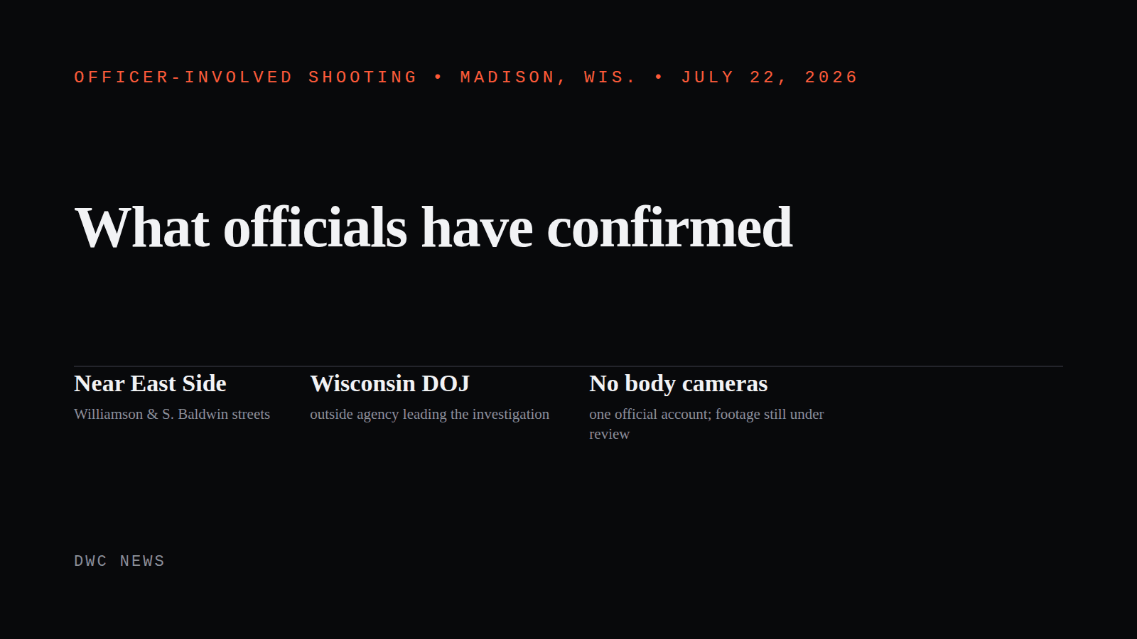 A restrained information card headlined 'What officials have confirmed' about the July 22 Madison, Wisconsin police shooting: the incident occurred on the Near East Side; the Wisconsin DOJ is investigating; officers wore no body cameras.