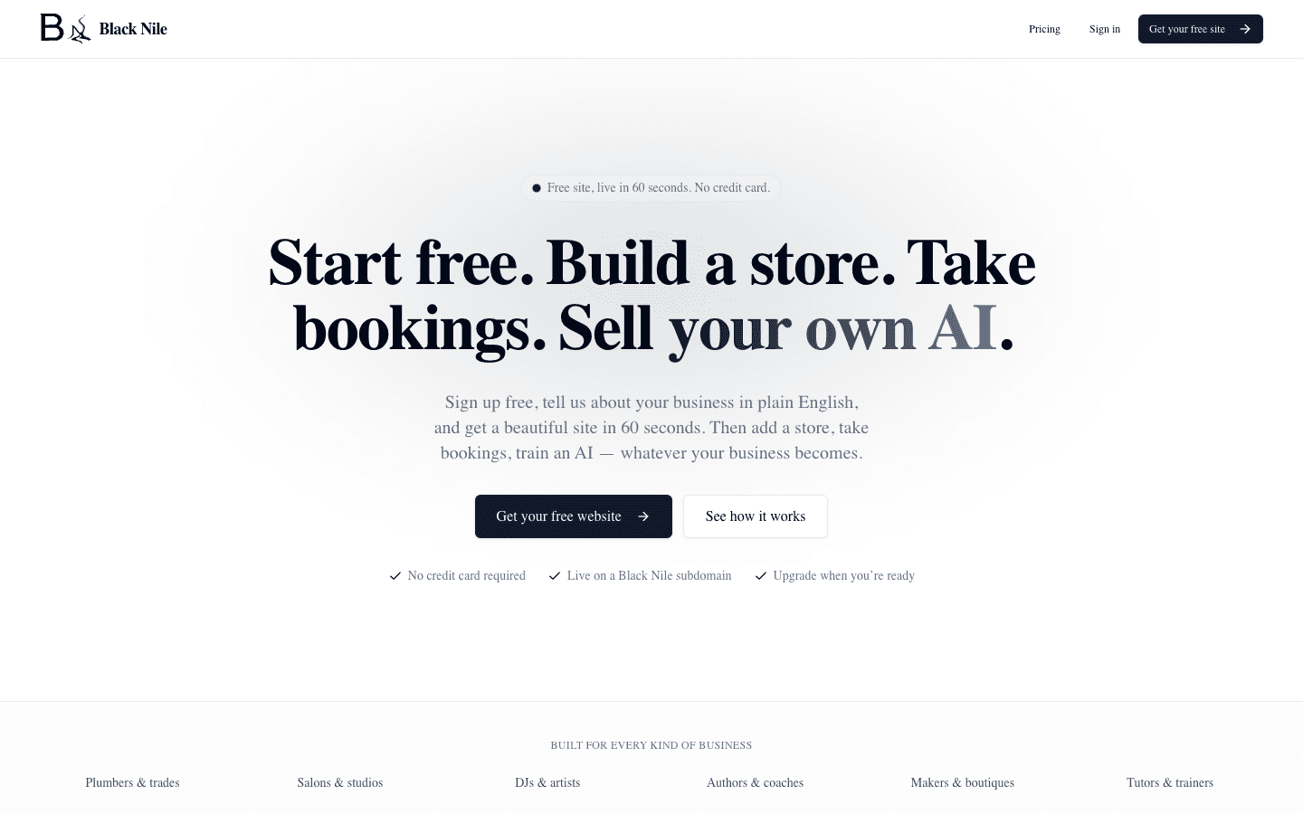 blacknile.app landing page — a stunning website in minutes