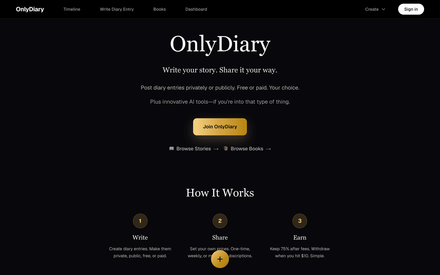 OnlyDiary landing page — write your story, share it your way