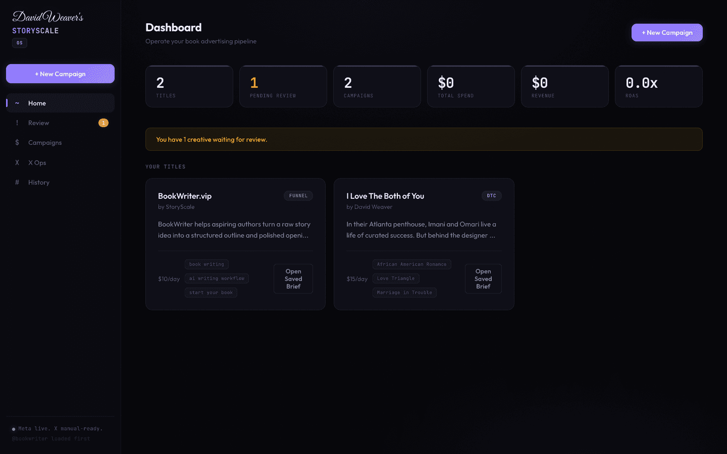 StoryScale OS dashboard — operate your book advertising pipeline